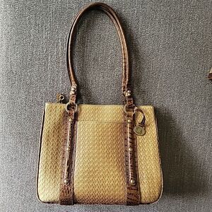 Brahmin Brown Tan Alligator Trim Double Handle Bucket Handbag Purse
